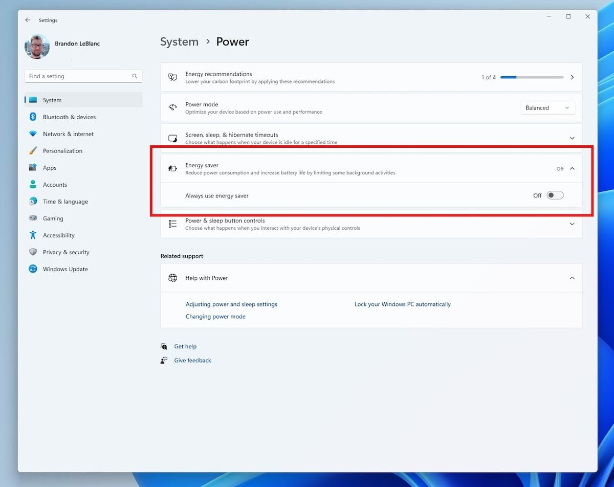 新しい省エネルギー機能「Energy Save」　出典:Windows Insider Blog