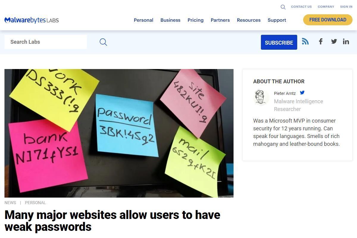 Many major websites allow users to have weak passwords｜Malwarebytes
