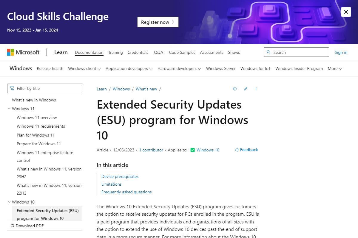 Extended Security Updates (ESU) program for Windows 10 - What's new in Windows｜Microsoft Learn