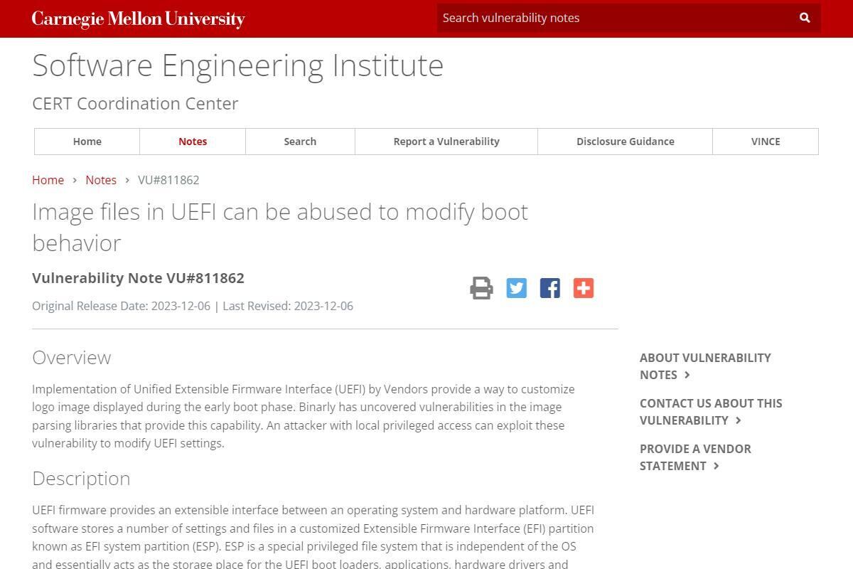 VU#811862 - Image files in UEFI can be abused to modify boot behavior