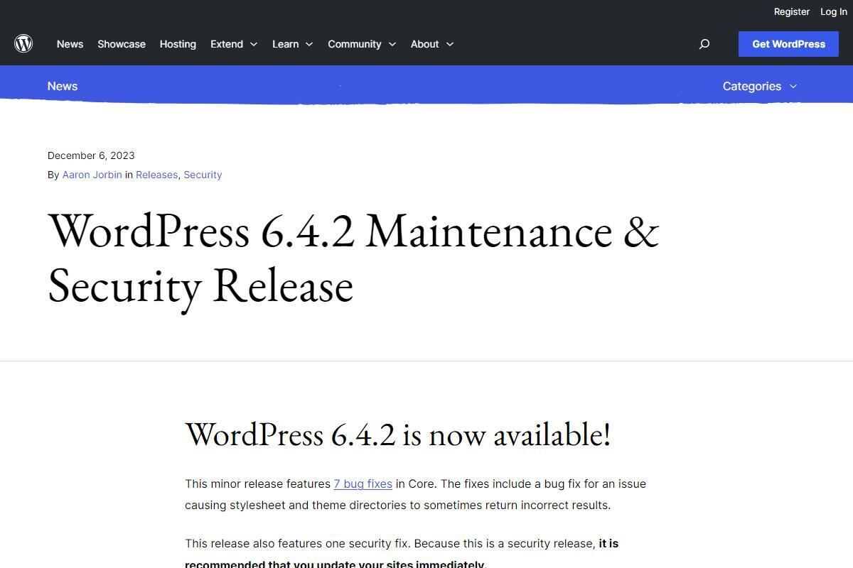 WordPress 6.4.2 Maintenance & Security Release – WordPress News