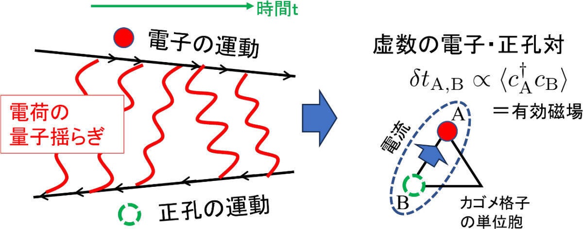 今回の研究で見出された「電荷揺らぎ交換電流秩序機構」の量子力学的過程(ファイマン図形)