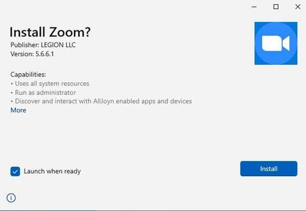 Zoomになりすました悪意のあるアプリのインストール画面の例 - 提供：Microsoft