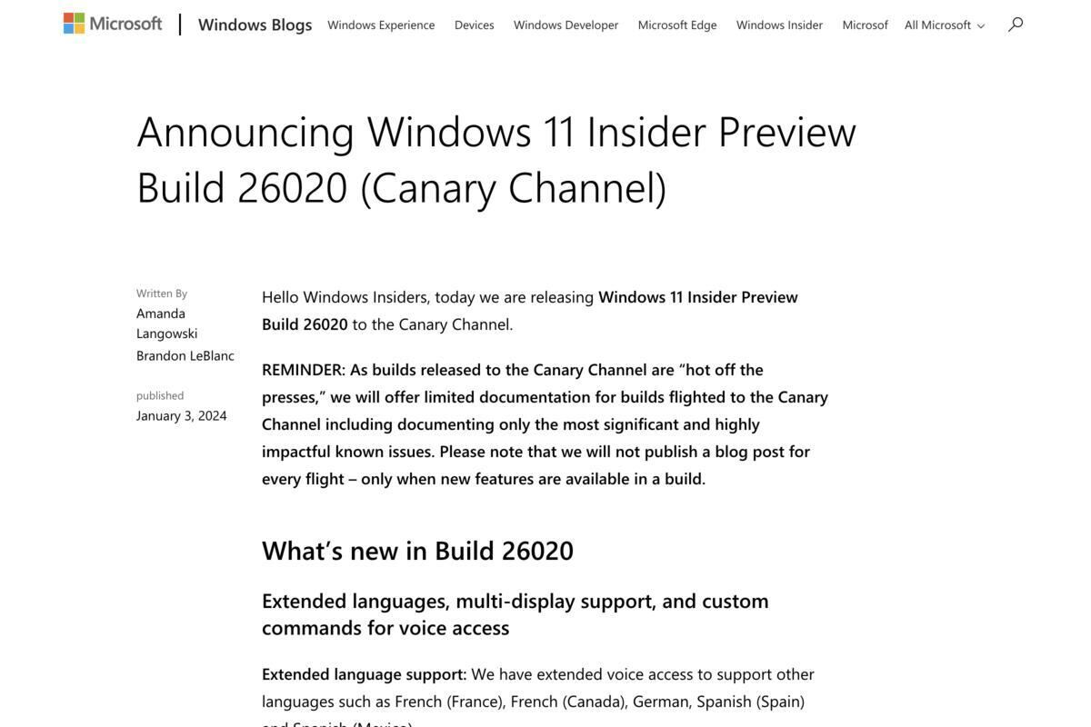 Announcing Windows 11 Insider Preview Build 26020 (Canary Channel)｜Windows Insider Blog