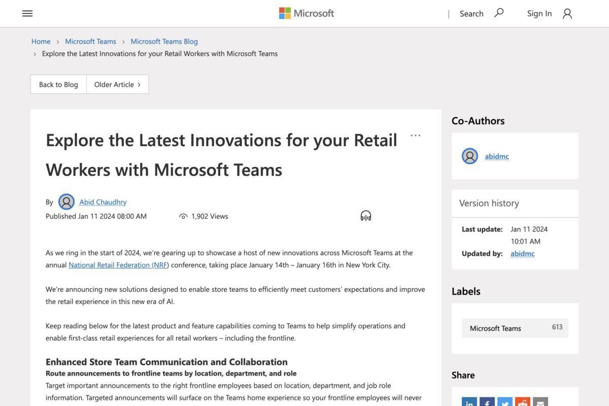 Teamsを使って重要なアナウンスを適切な従業員に配信する　出典:Microsoft Teams Blog