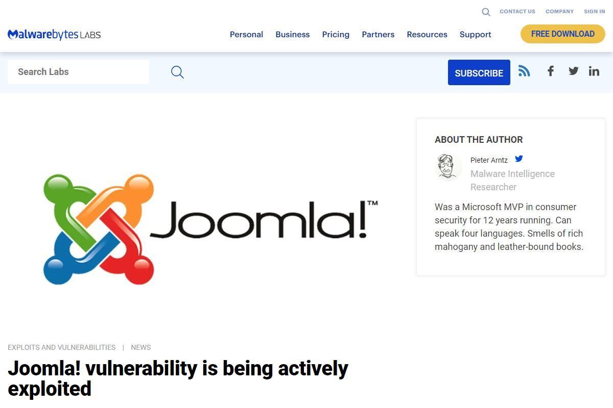 Joomla! vulnerability is being actively exploited｜Malwarebytes