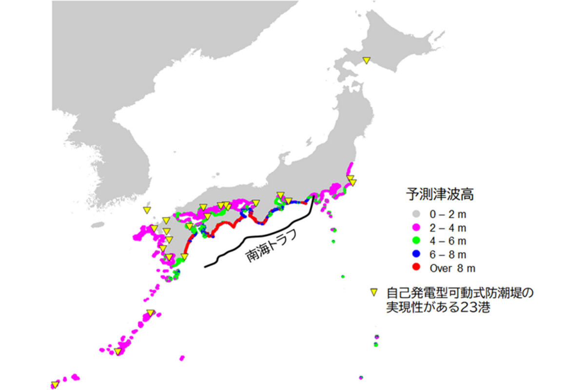 南海トラフ地震による津波想定および自己発電型可動式防潮堤の実現性が比較的高いと判定された23港の位置図