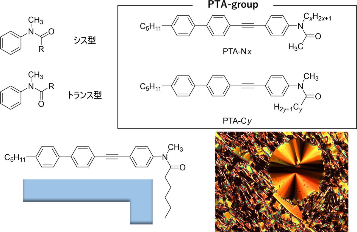 3級アミドの構造と新規液晶分子PTA-group、および液晶の偏光顕微鏡画像