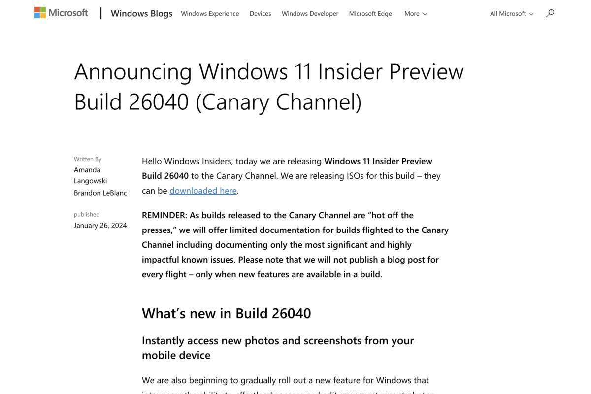 Announcing Windows 11 Insider Preview Build 26040 (Canary Channel)｜Windows Insider Blog