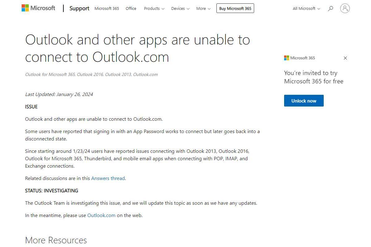 Outlook and other apps are unable to connect to Outlook.com - Microsoft Support