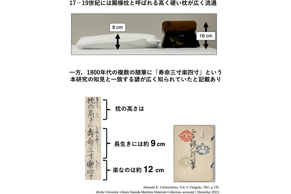 17～19世紀の日本では、「殿様枕」と呼ばれる高く硬い枕が広く流通していたことが知られる一方、1800年代の複数の随筆に、「寿命三寸楽四寸」という、今回の研究の知見と一致することわざが広く知られていたという記載も確認されている