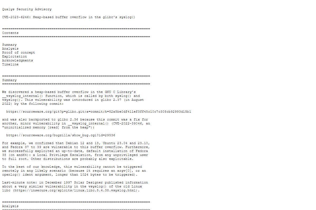 CVE-2023-6246: Heap-based buffer overflow in the glibc's syslog() - Qualys Security Advisory
