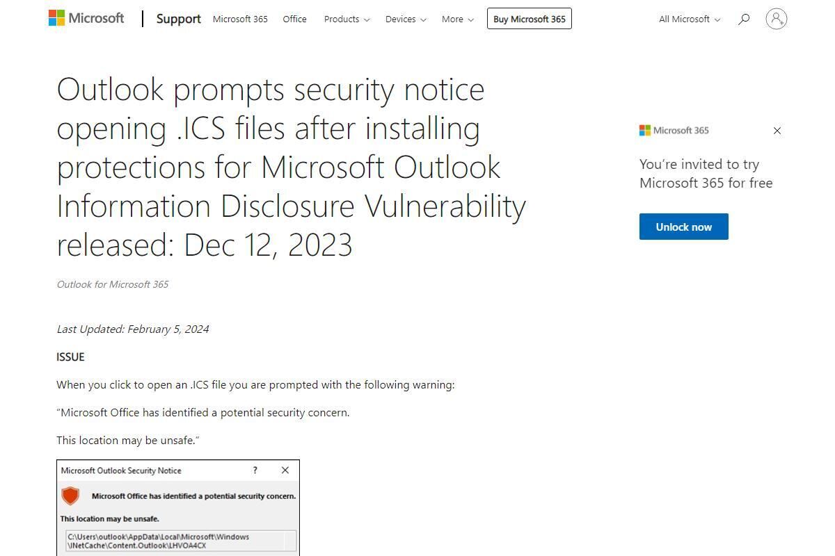 Outlook prompts security notice opening .ICS files after installing protections for Microsoft Outlook Information Disclosure Vulnerability released: Dec 12、2023 - Microsoft Support