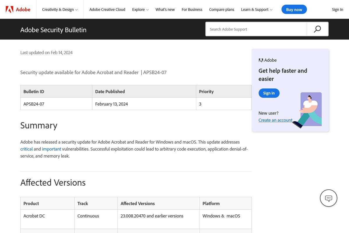 Security update available for Adobe Acrobat and Reader ｜APSB24-07