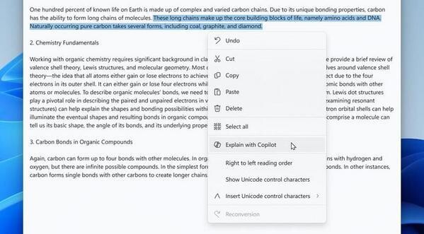 右クリックメニューに「Explain with Copilot」で要約が作成できる　出典:Windows Insider Blog