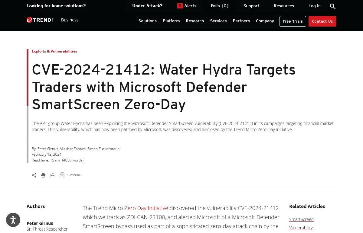 CVE-2024-21412: Water Hydra Targets Traders with Microsoft Defender SmartScreen Zero-Day