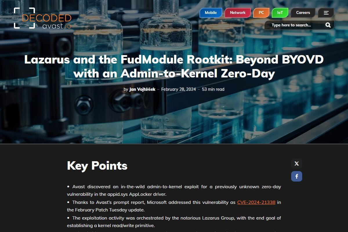 Lazarus and the FudModule Rootkit: Beyond BYOVD with an Admin-to-Kernel Zero-Day - Avast Threat Labs