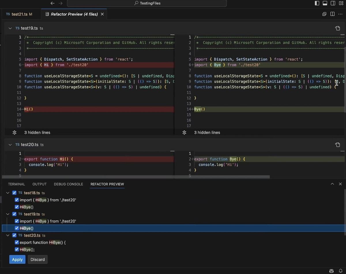 マルチ差分エディターを使ったリファクタリングのプレビュー　出典:Visual Studio Codeリリースノート