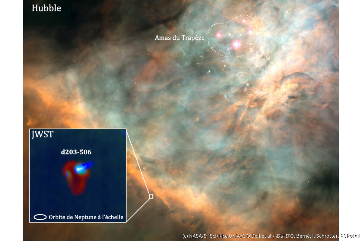 オリオン星雲のハッブル画像と、JWSTで撮影された原始惑星系円盤d203-506の拡大画像