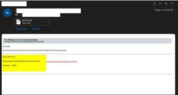 ZIP圧縮されたHTMLファイルが添付された悪意のあるメールの例 - 提供：Proofpoint