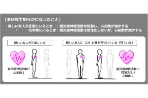 早大、ヒトは友人が正面または右手側にいると心拍数が減少することを確認