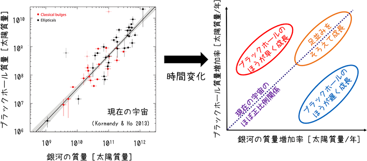 横軸に銀河の質量、縦軸にSMBHの質量を取って、現在の宇宙における観測データを描くと、ほぼ正比例の関係があることがわかる