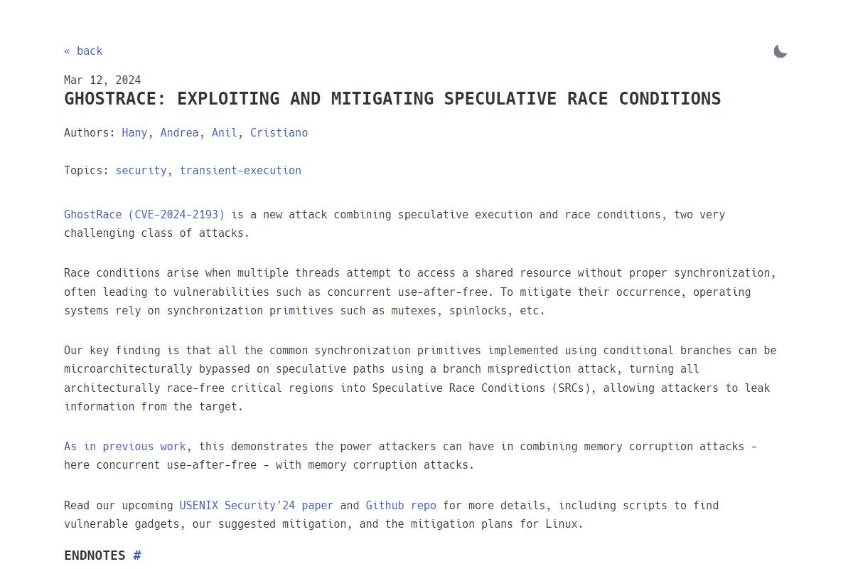 GhostRace: Exploiting and Mitigating Speculative Race Conditions - Syssec@IBM Research