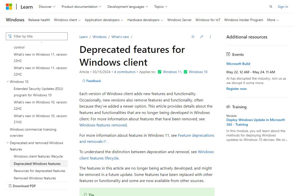 Deprecated features in the Windows client - What's new in Windows｜Microsoft Learn