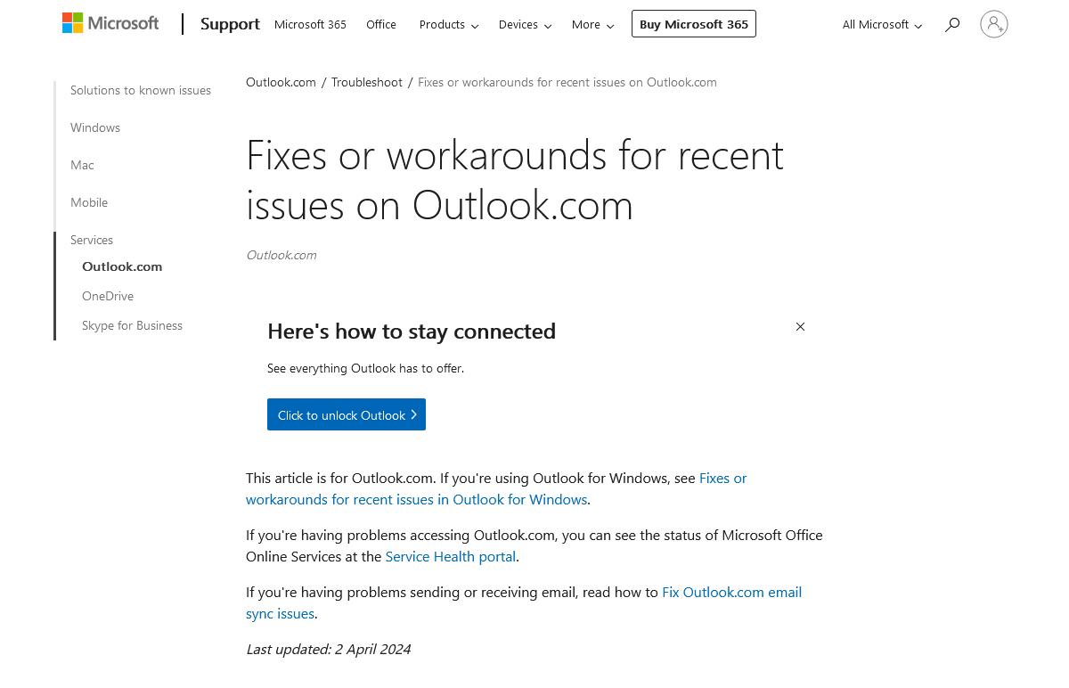 Fixes or workarounds for recent issues on Outlook.com - Microsoft Support