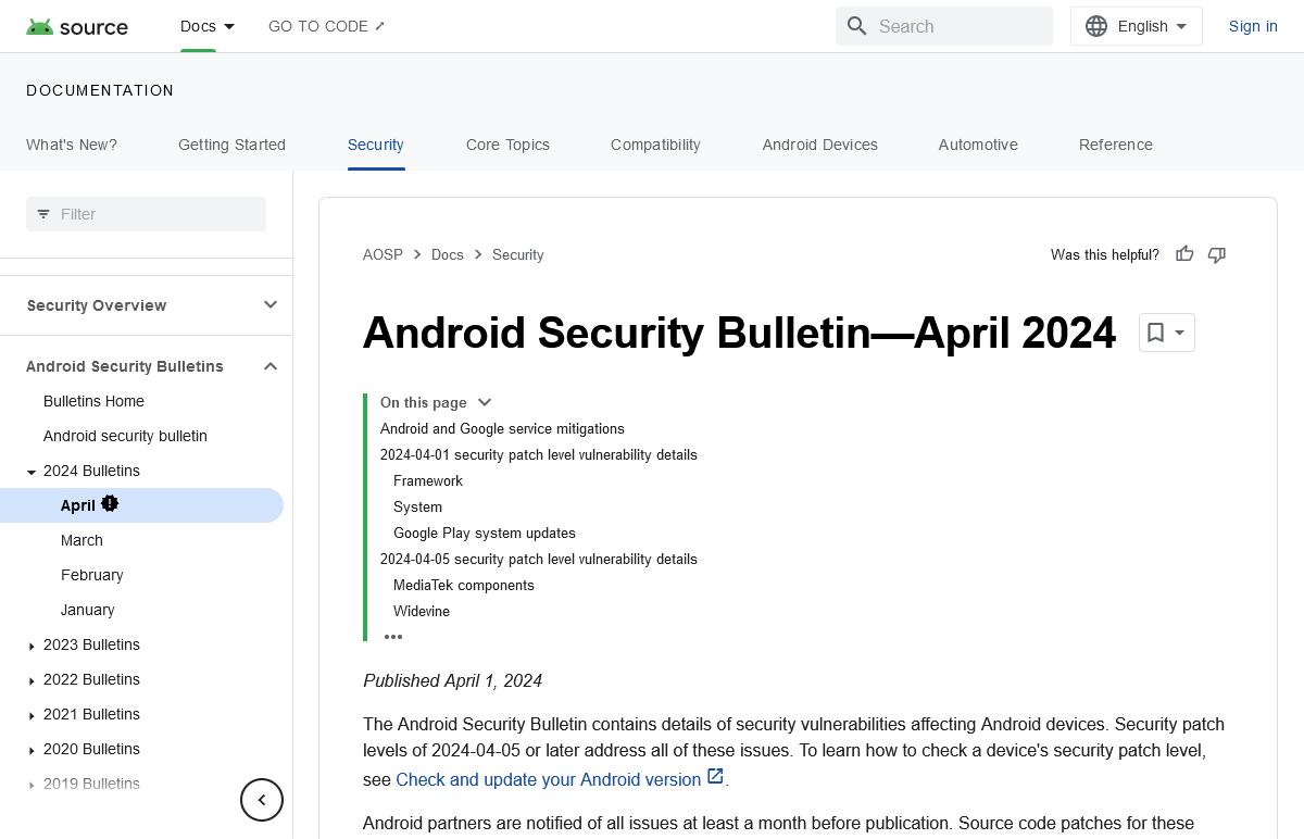 Android Security Bulletin—April 2024｜Android Open Source Project