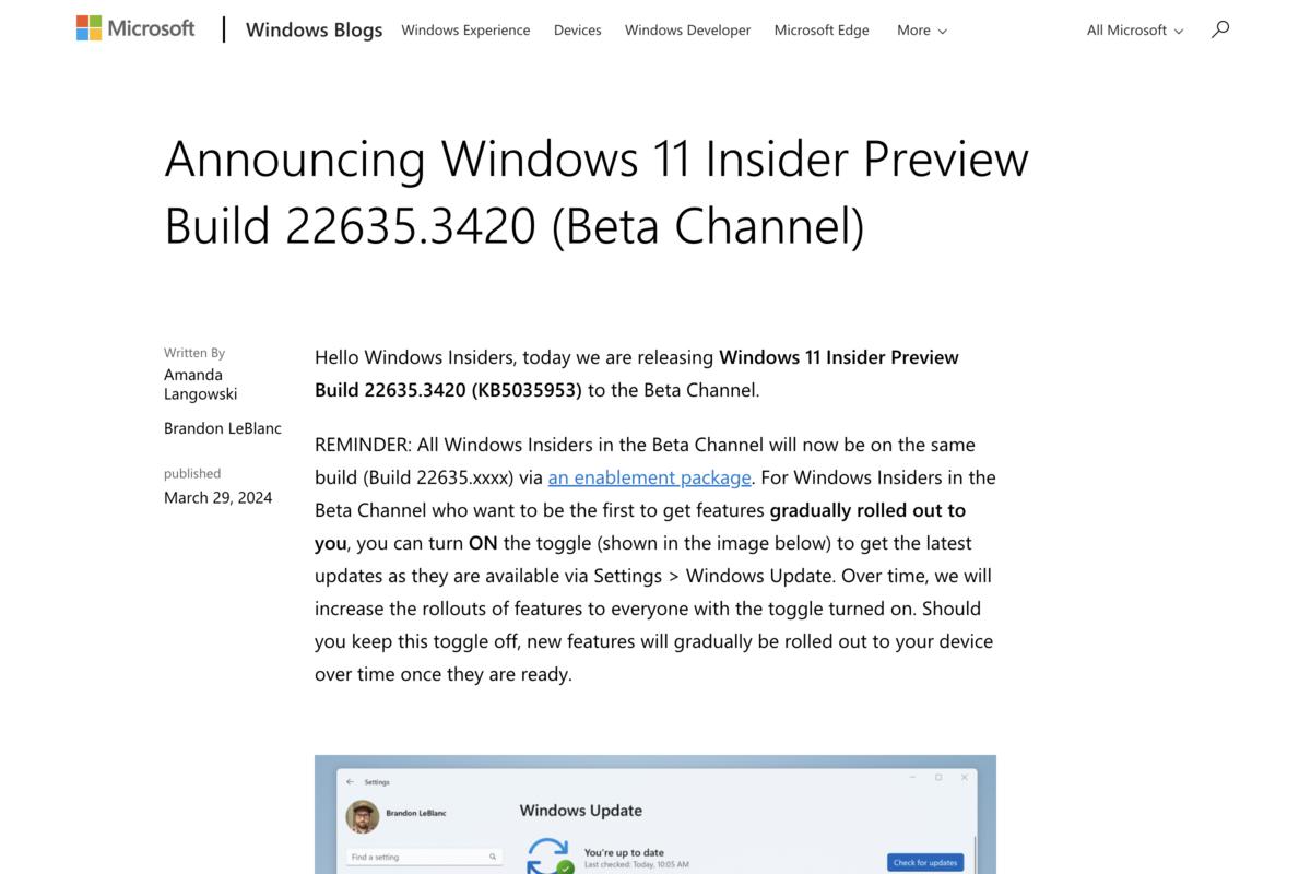 Announcing Windows 11 Insider Preview Build 22635.3420 (Beta Channel)｜Windows Insider Blog