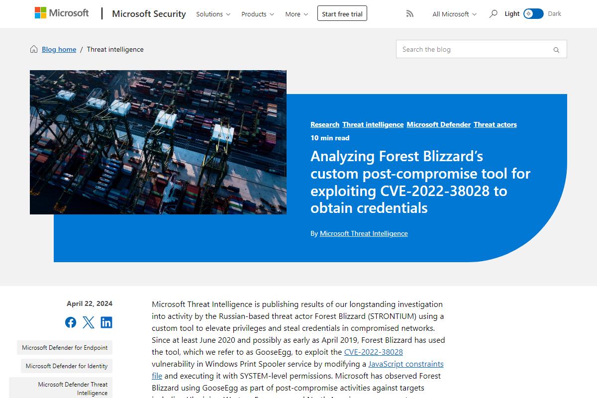 Analyzing Forest Blizzard’s custom post-compromise tool for exploiting CVE-2022-38028 to obtain credentials｜Microsoft Security Blog