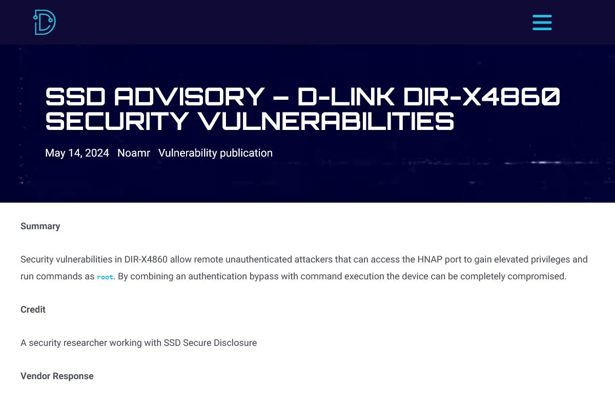 SSD Advisory - D-Link DIR-X4860 Security Vulnerabilities - SSD Secure Disclosure