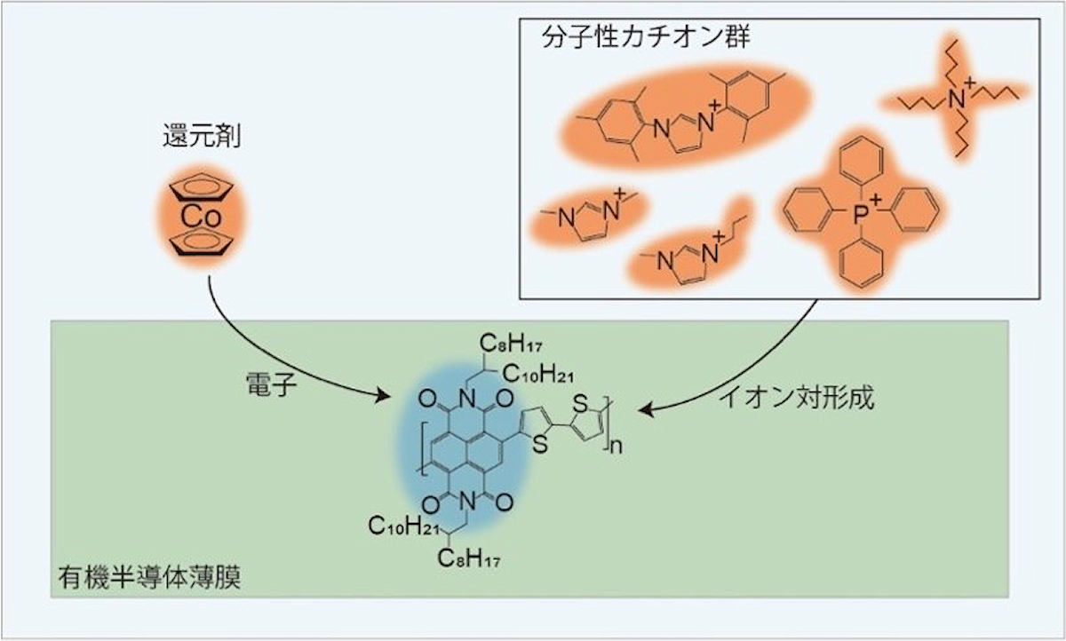 開発された電子ドーピング手法。有機半導体に対し、還元剤からの電子と共に、さまざまな分子性カチオンを導入する