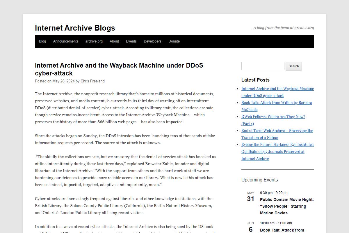 Internet Archive and the Wayback Machine under DDoS cyber-attack｜Internet Archive Blogs
