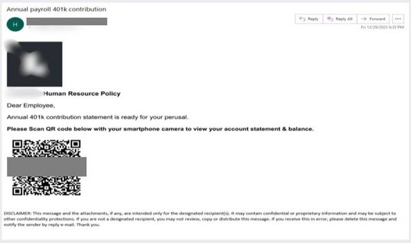 QRコードを使用したフィッシング詐欺メールの例 - 引用：Check Point