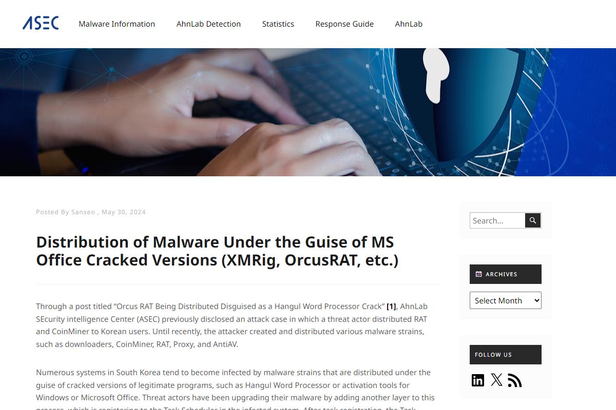 Distribution of Malware Under the Guise of MS Office Cracked Versions (XMRig、OrcusRAT、etc.) - ASEC BLOG