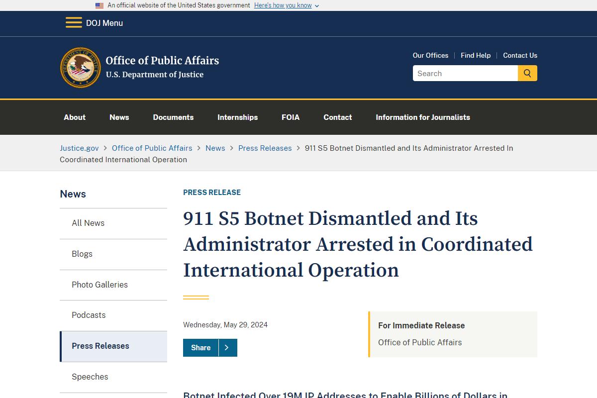  Office of Public Affairs｜ 911 S5 Botnet Dismantled and Its Administrator Arrested in Coordinated International Operation｜United States Department of Justice