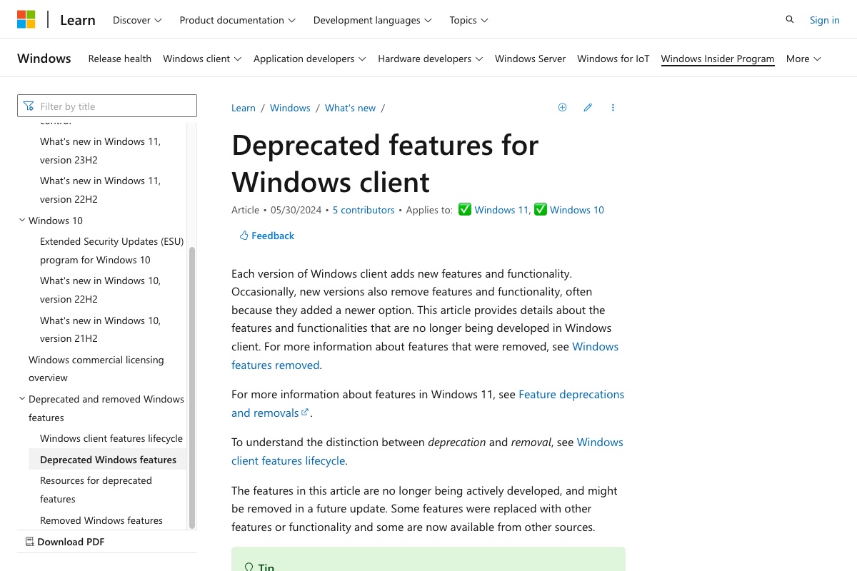 Deprecated features in the Windows client - What's new in Windows｜Microsoft Learn