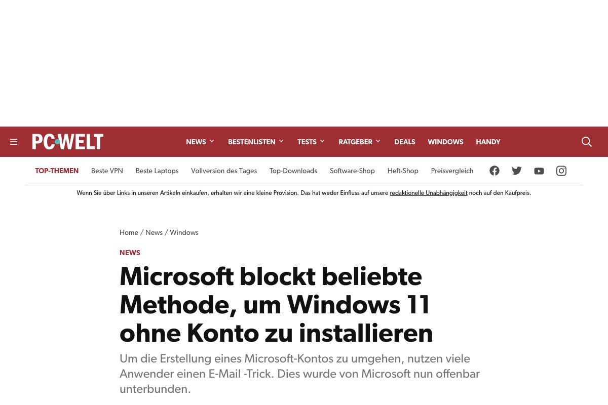 Microsoft blockt beliebte Methode、um Windows 11 ohne Konto zu installieren - PC-WELT