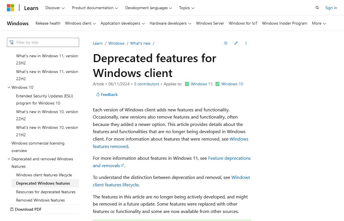 Deprecated features in the Windows client - What's new in Windows｜Microsoft Learn