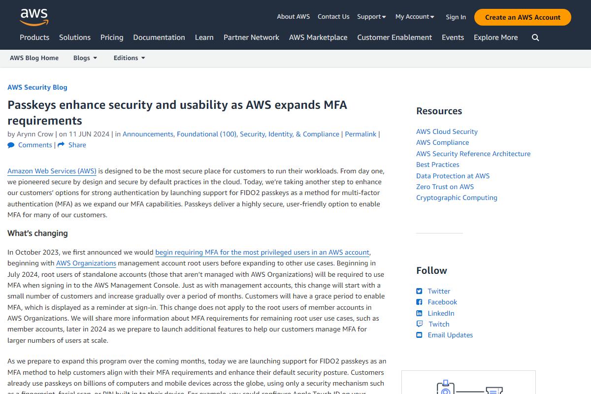 Passkeys enhance security and usability as AWS expands MFA requirements｜AWS Security Blog