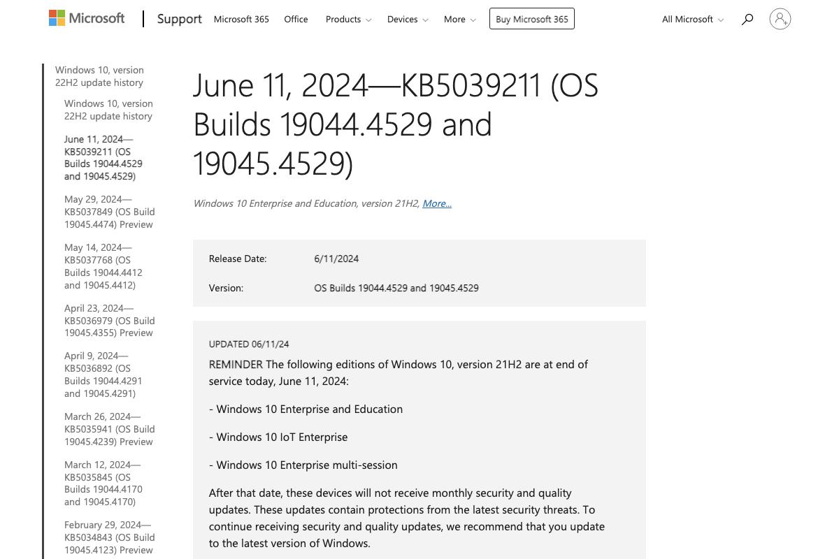 June 11、2024—KB5039211 (OS Builds 19044.4529 and 19045.4529) - Microsoft Support