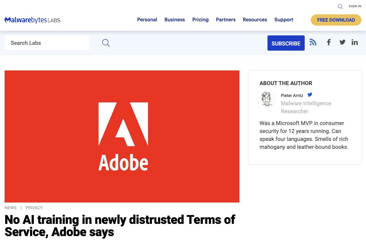 No AI training in newly distrusted Terms of Service、Adobe says｜Malwarebytes