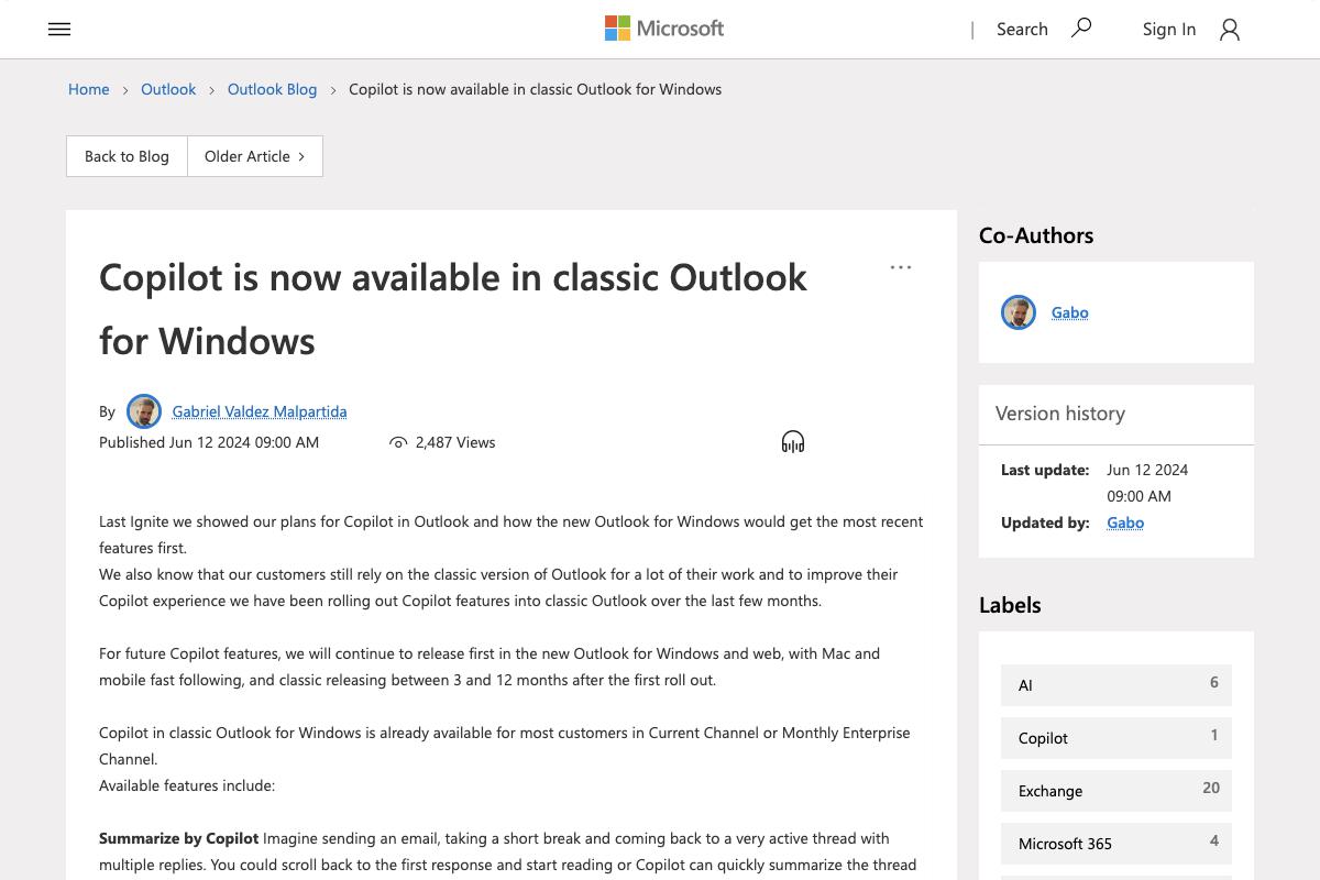Copilot is now available in classic Outlook for Windows