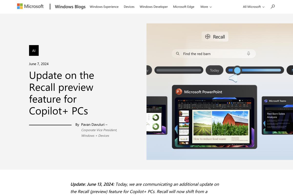 Update on the Recall preview feature for Copilot+ PCs｜Windows Experience Blog