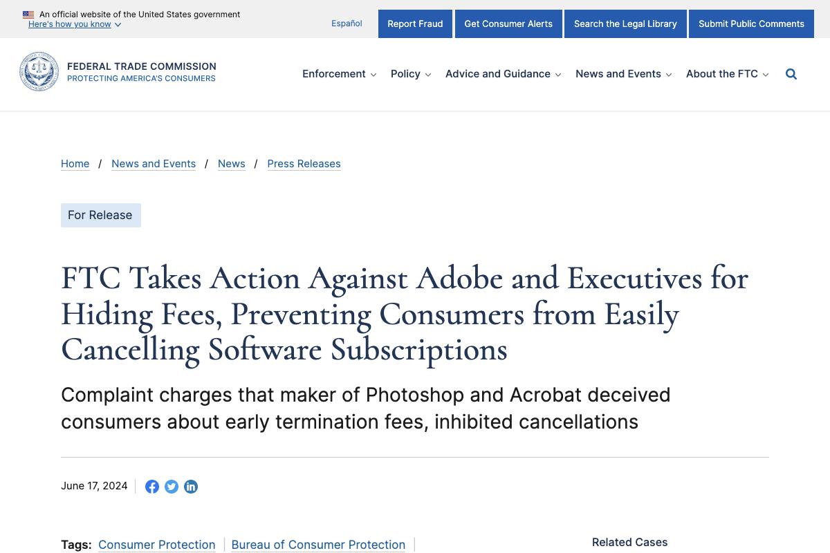 FTC Takes Action Against Adobe and Executives for Hiding Fees、Preventing Consumers from Easily Cancelling Software Subscriptions｜Federal Trade Commission