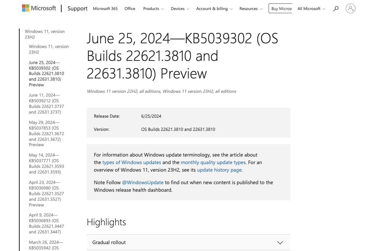 June 25、2024—KB5039302 (OS Builds 22621.3810 and 22631.3810) Preview - Microsoft Support
