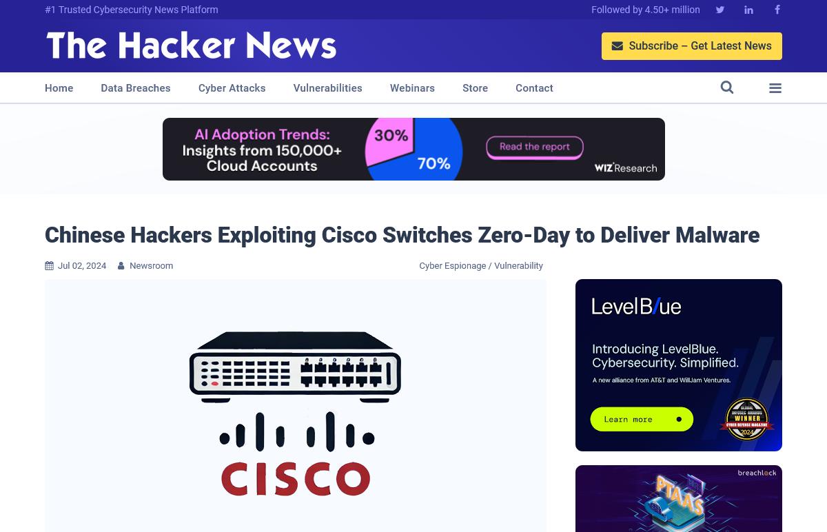 Chinese Hackers Exploiting Cisco Switches Zero-Day to Deliver Malware