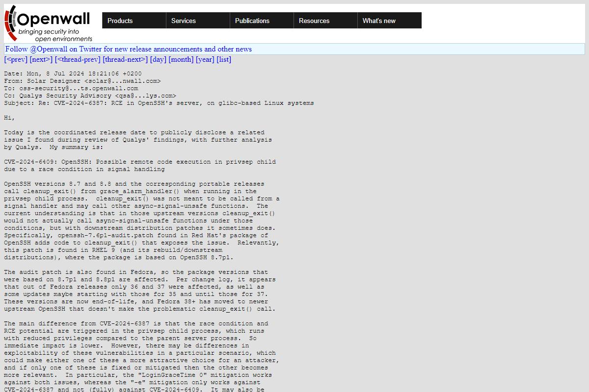 oss-security - Re: CVE-2024-6387: RCE in OpenSSH's server、on glibc-based Linux systems